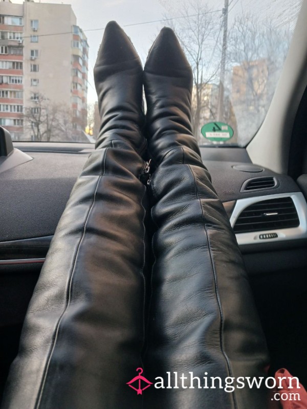 Well-Worn Black Leather Thigh-High Boots