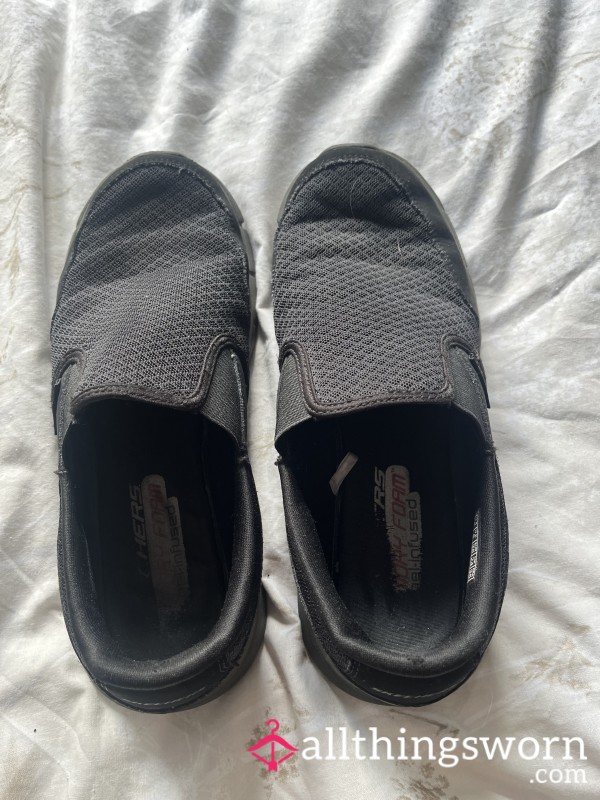 Well-worn Black Sketchers, Slip On Trainers - Size 5👣