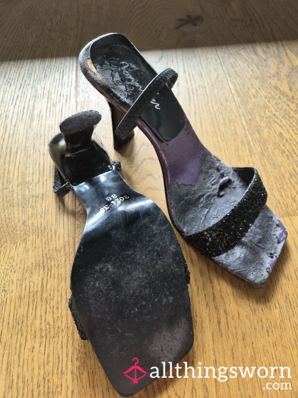 Well Worn Black Sparkly Slip Heels