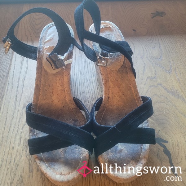 Well Worn Black Strappy Wedge Platform Sandals