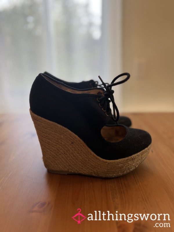 Well-Worn Black Wedge Cork Heel Shoes