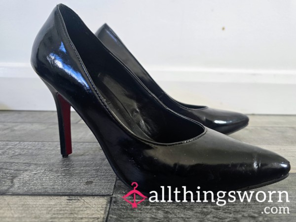 Well Worn Black With Red Sole 'Wipe Clean' Domme Patent Court Heels For You Foot Fetish Lovers