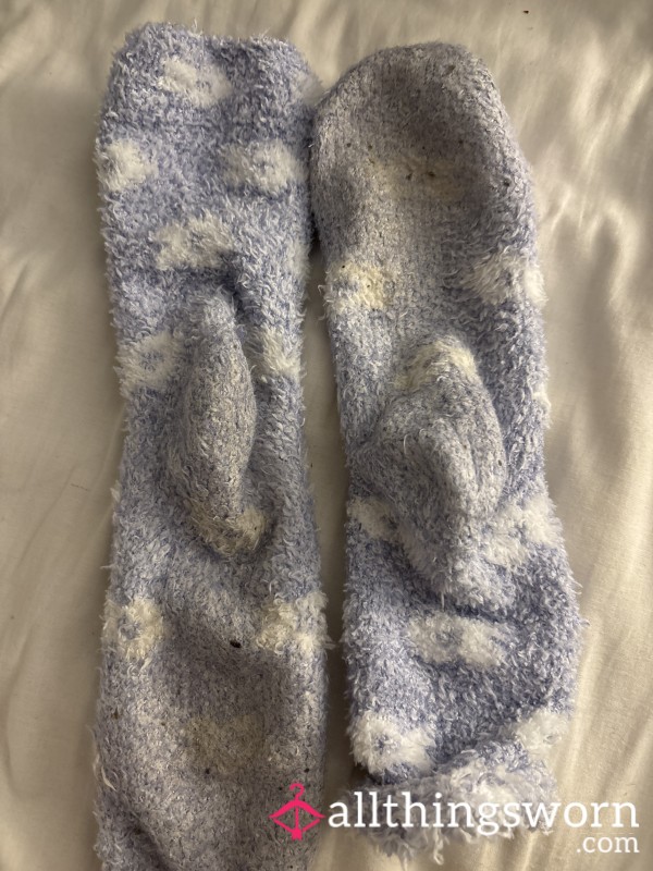 Well Worn Blue And White Fluffy Socks
