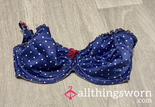 Well Worn Blue Satin Spot Bra Frills & Bow Detail