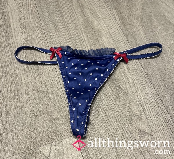 Well Worn Blue Satin Thong String Bow & Frill UK10