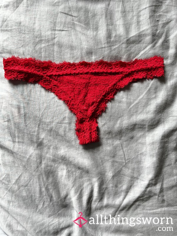 Very Well-Worn, Loved And Shared Bright Red Lacy Thong - Size XS