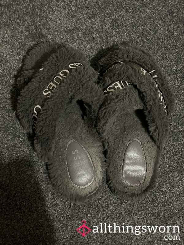 Well-Worn Dark Grey Guess Fluffy Slippers