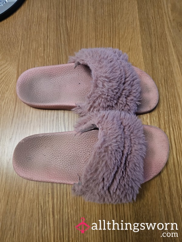 Well Worn, Dirty And Scented Fluffy Pink Slippers Ready To For A New Owner To Worship