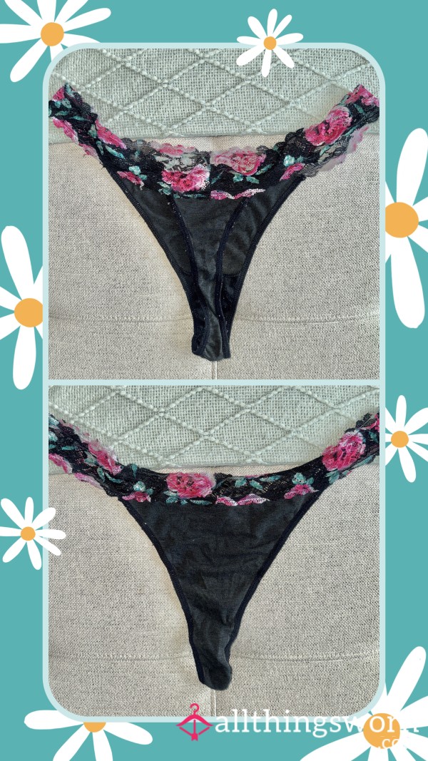 Well Worn Faded Black Thong With Lace Waistband