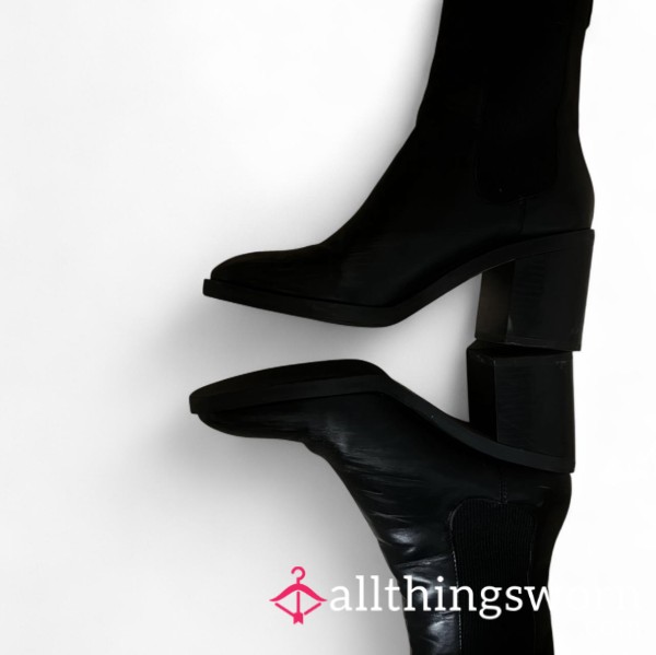 Well-Worn Faux Leather Zara Chunky Heeled Chelsea Boots, Size 5 UK 🖤