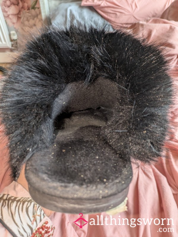 Well Worn Fluffy Black Slippers