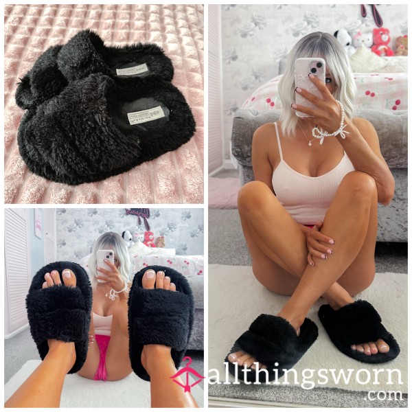 Well Worn Fluffy Black Slippers