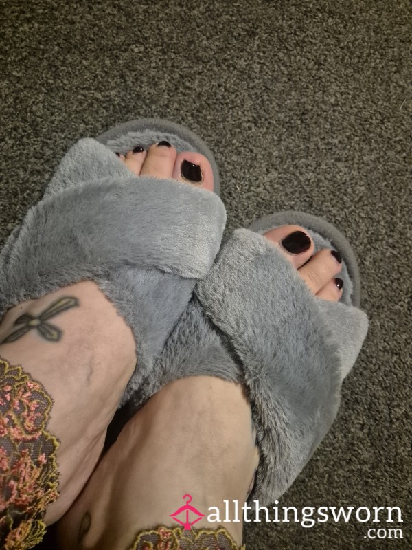 Well Worn Fluffy Grey Slippers