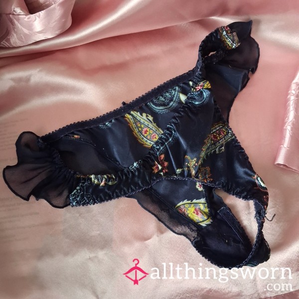 Well Worn French Cut Silky Satin Thong Panties Ruffle Vintage Paisley