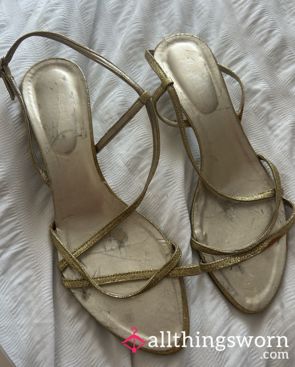Well Worn Gold Glittery High Heels - Full Of Stories - These Heels Have Been Places! ✨👠