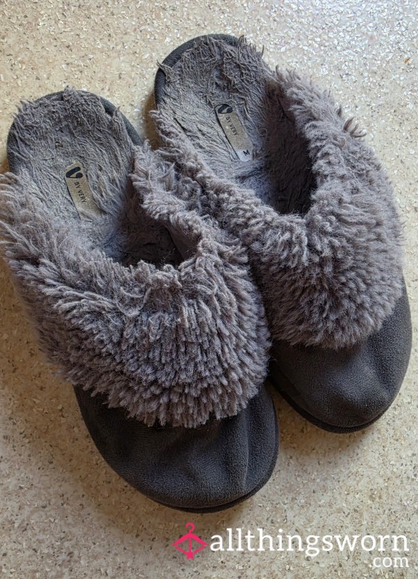 Well Worn Grey Fluffy Slippers