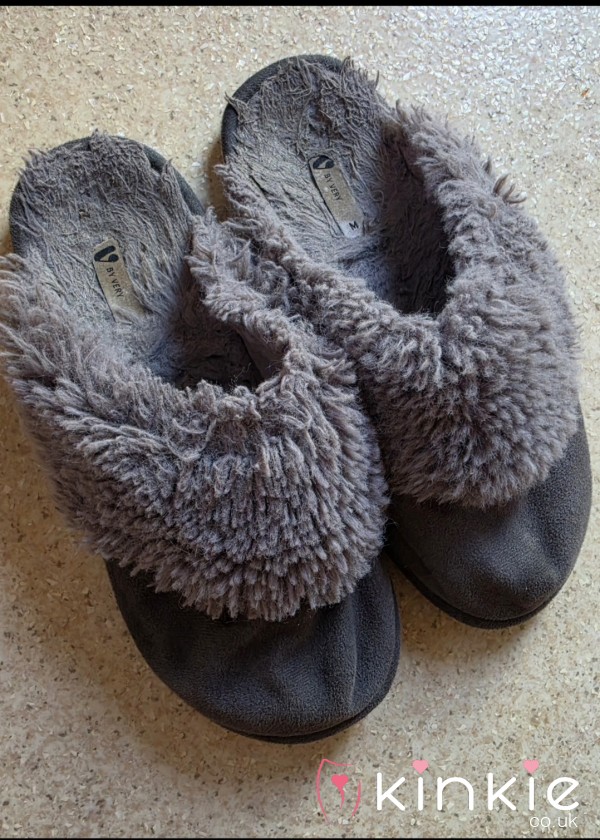 Well Worn Grey Fluffy Slippers