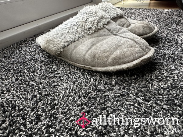 Dirty & Well Worn Grey Furry Slippers