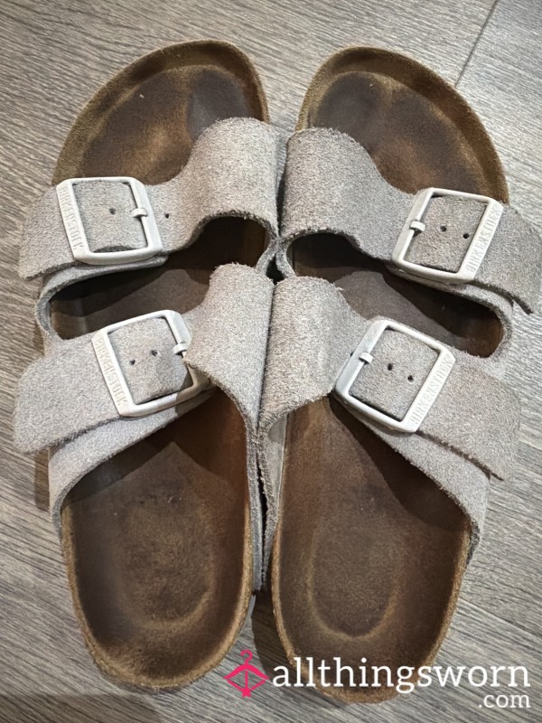 Well-Worn Grey Suede Leather Birkenstocks – Heavily Used, Perfectly Broken-In, Real Daily Wear 🔥
