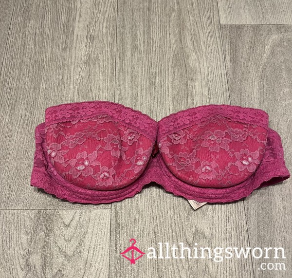 Well Worn Hot Pink Strapless Bra Lace Overlay