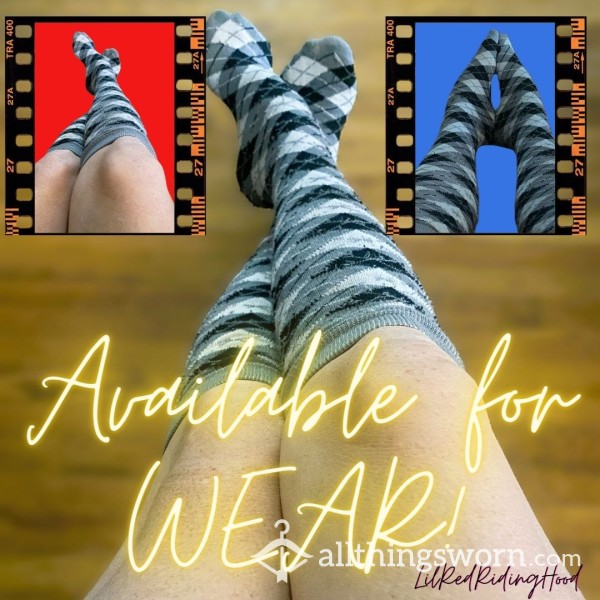 Well-Worn Knee-High Grey, White & Black Plaid Socks.