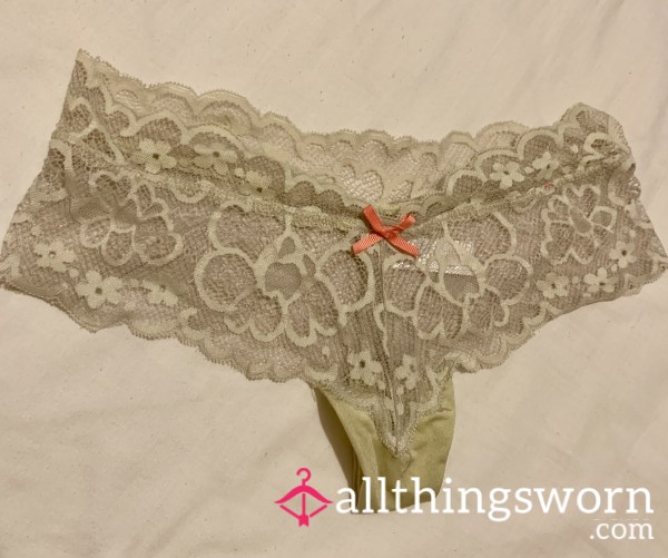 Well Worn Lacy Yellow/Green Brazilian Panties