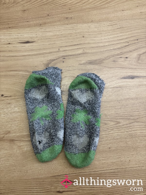 Well-Worn Lucky Clover Fuzzy Socks – Soft & Stained With Toe Hole