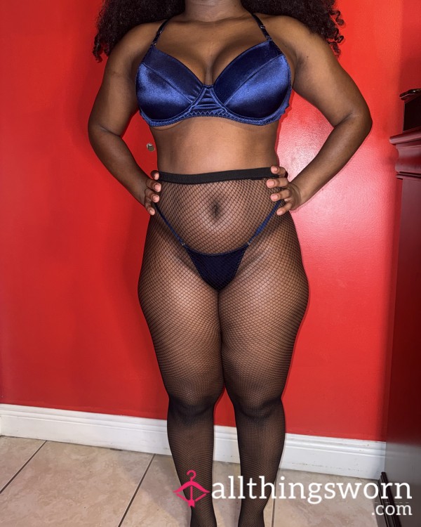 Well Worn Navy Blue Satin Bra & Satin Thong Lingerie Set