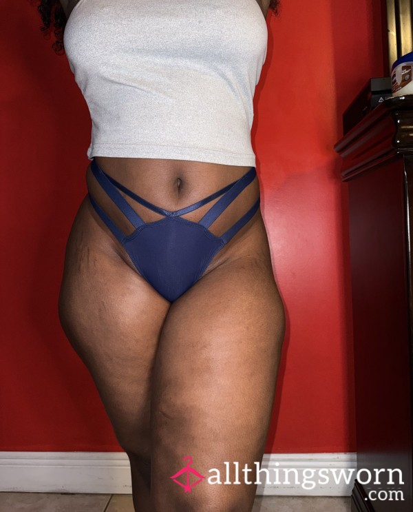 Well Worn Navy Blue Silky Hollow Out Thong
