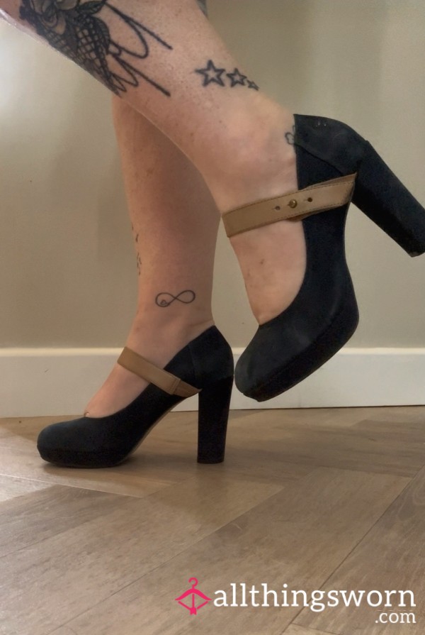 Well-Worn Navy Heels With Tan Straps – Marked & Memories Inside