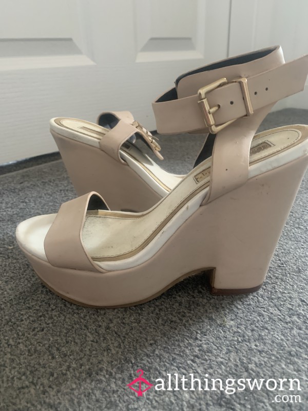 Well-worn, Nude, Open Toe, Platform Heeled Wedges. UK (4)