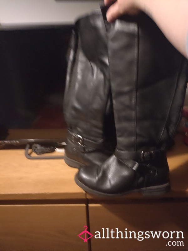 Well Worn Old Black Knee Boots, Size 8 ,