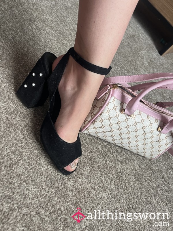 Well Worn - Open Toe Black Pearl Detail Heels