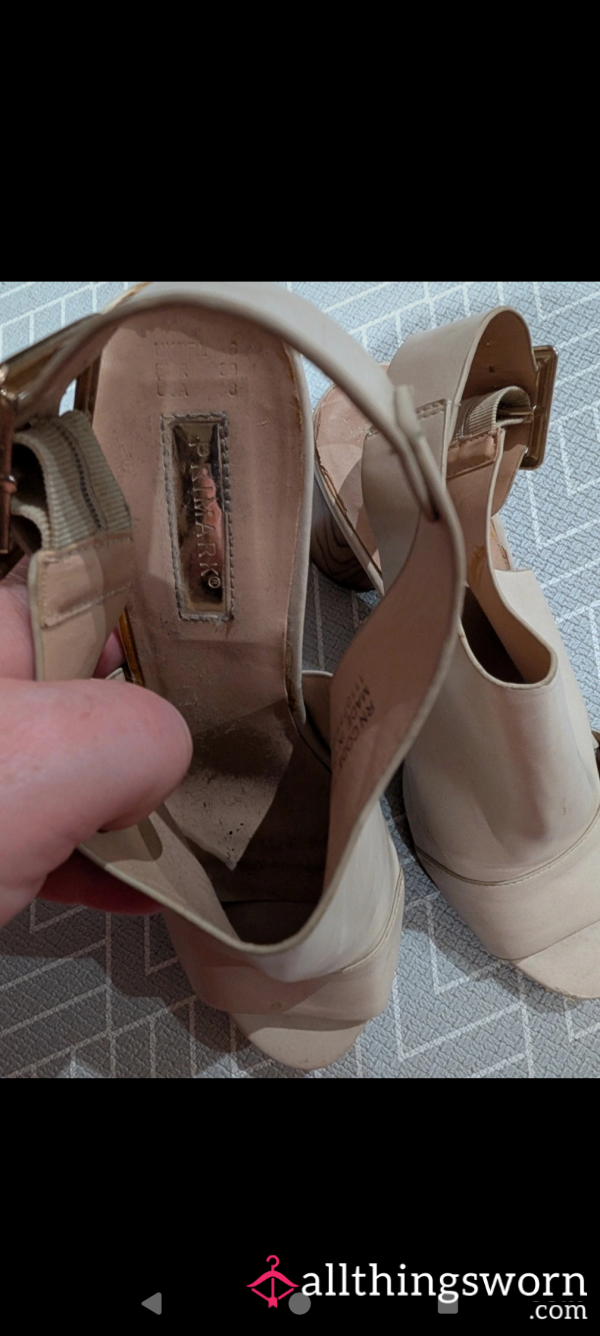 Well Worn Open Toe Leather Heels With Foot Residue