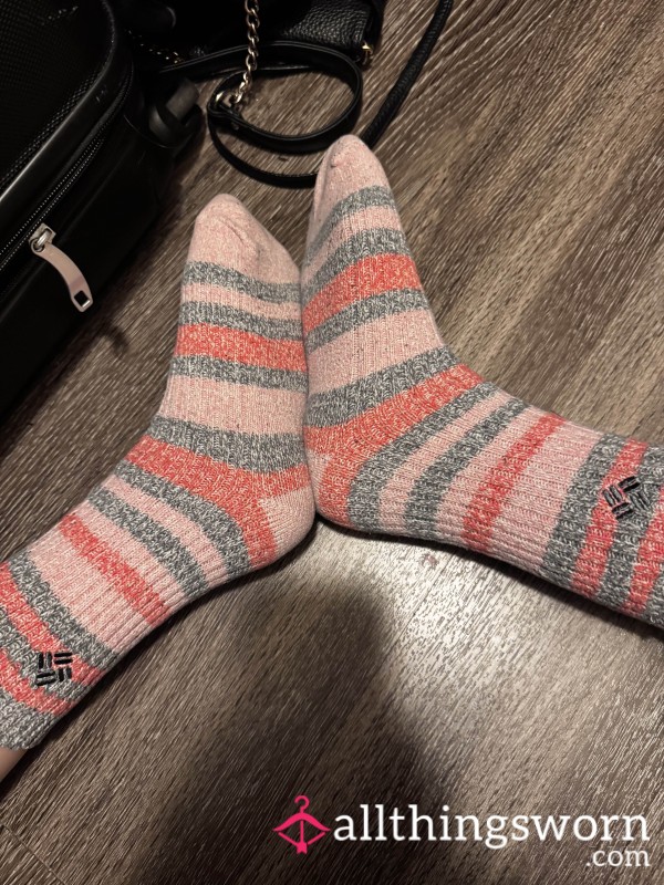 Well Worn Pink And Grey Long Striped Socks 2+years