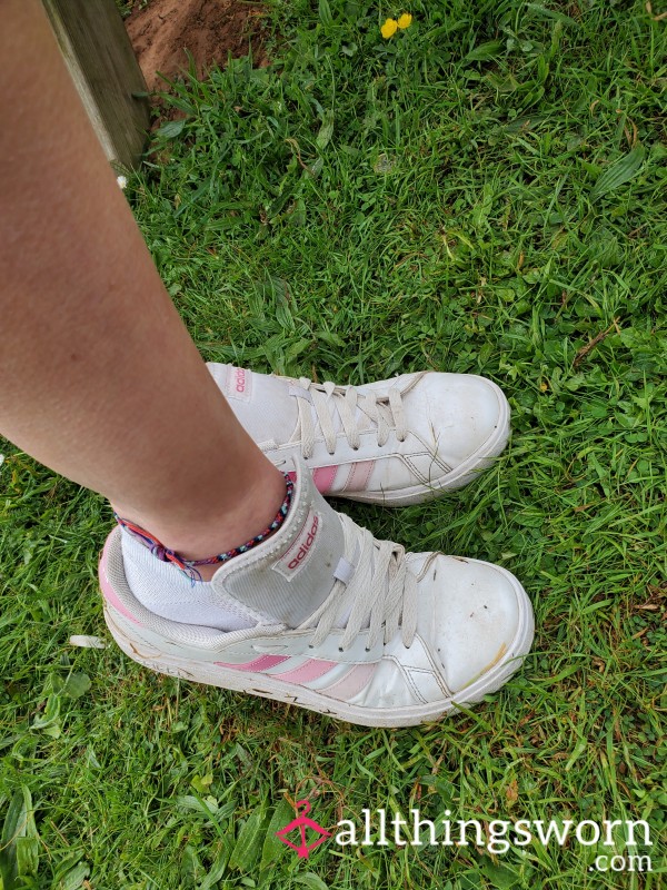Well Worn Pink & White Adidas Shoes!