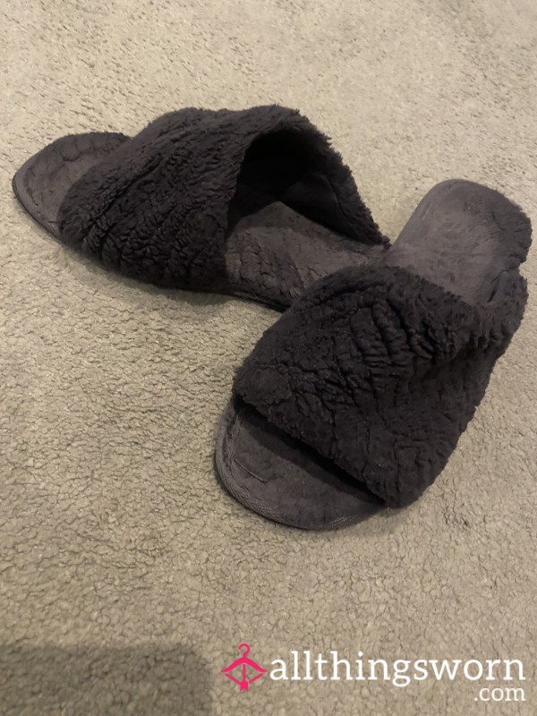 Well Worn Purple Slippers, Bare Feet Worn Regularly