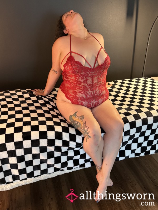 Well-worn Red Lace Crotchless Bodysuit Lingerie