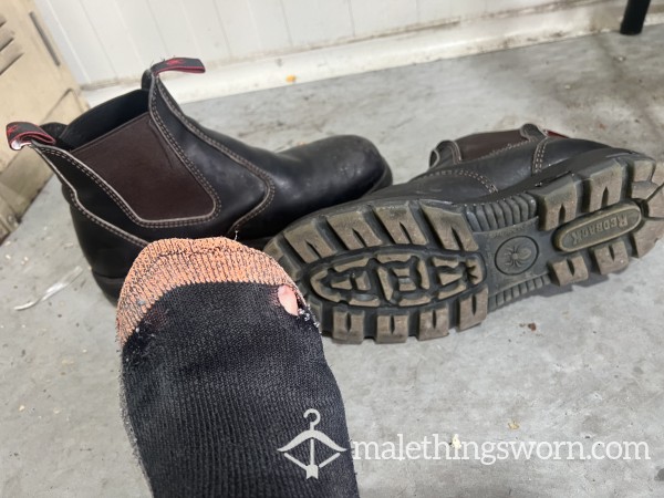 Well-Worn Redback Tradie Work Boots + 2 Day Worn Socks - Size 10 - 10+ Hours/Day, 5 Days/Week