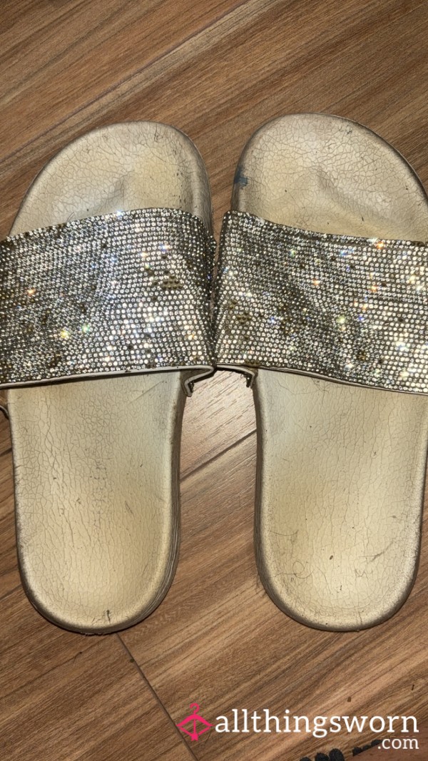 Well Worn Rhinestoned White Slides