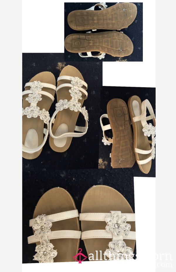 Well Worn Sandals With A White Flower Design ! Uk Post Included