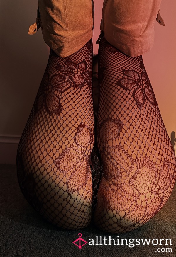 Well Worn S**y Dark Red Lace Fishnets