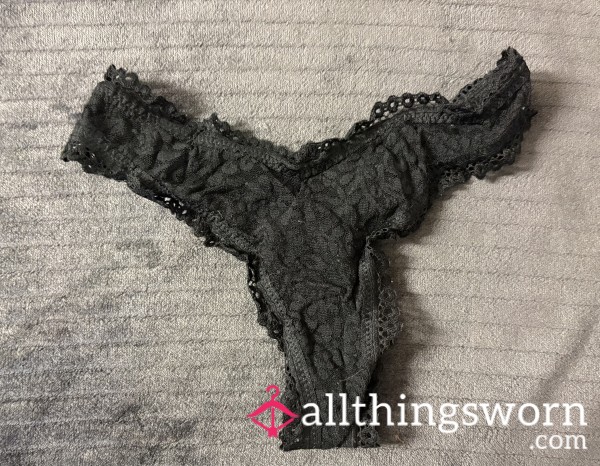 Well-Worn Sheer Lace High-Cut Black Thong, XS