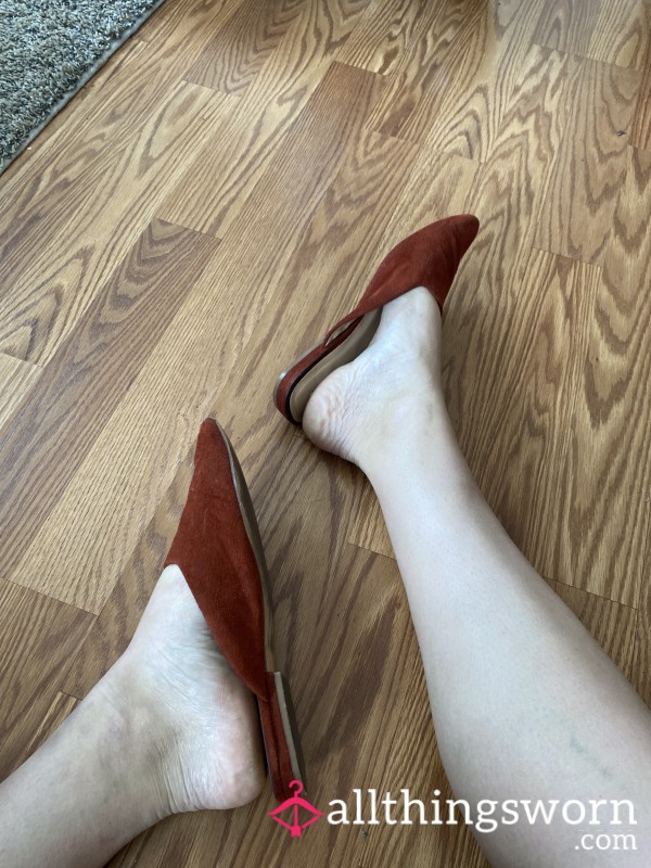 Well-Worn Slide-On Maroon Office Flats W/ Toeprints & Moderate-Strong Scent