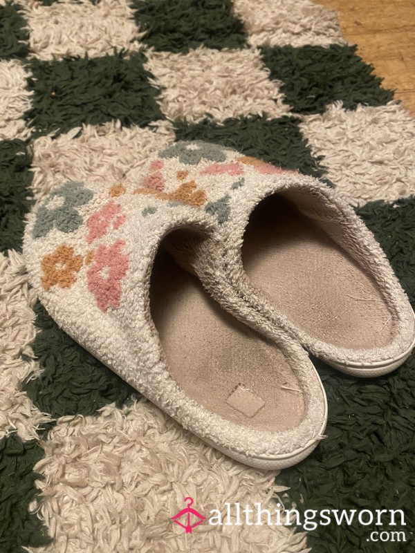Well Worn Smelly Flower Slippers, Worn Everyday Even In This Hot Weather