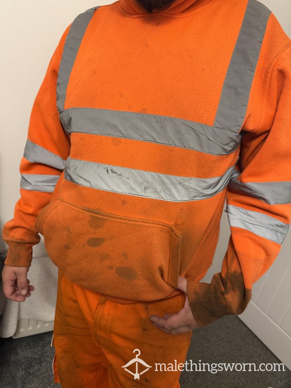 Well-Worn Stained Orange Hi-Vis Work Hoodie