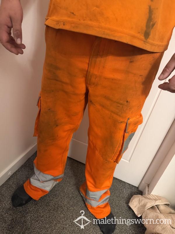 Well-Worn Stained Orange Hi-Vis Work Trousers