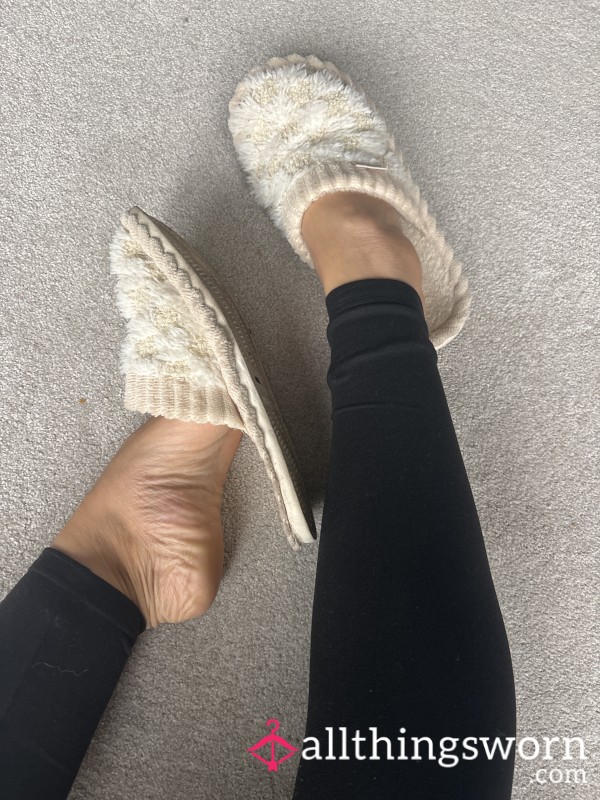 Well Worn Stinky Slippers. Mostly Worn Barefoot. Disgusting Sole. Very Little Support Left As Worn Every Day