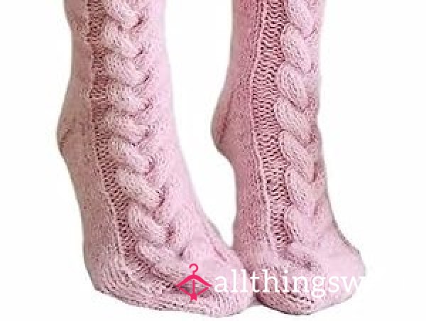 (NS) Well Worn Sweaty Fluffy Wool KNEE LENGTH Socks In Pink....Full Days Wear  Pink Wool
