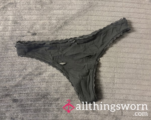 Well-worn Tiny Ripped Black Thong With Lace Edges, XS